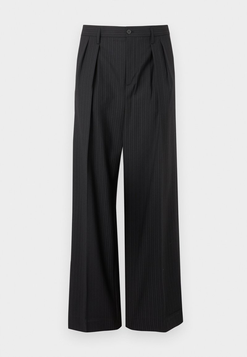 Black pinstripe trousers with a wide-leg design, featuring front pleats, a button closure, and two side pockets for functionality.