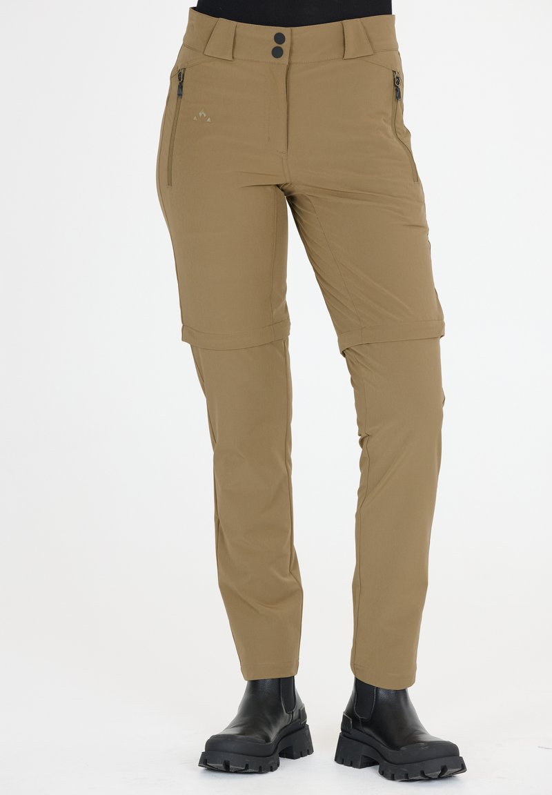 Pantalons de randonnée beige en tissu extensible, dotés de poches zippées, d'une fermeture à boutons et de poignets retroussables pour plus de polyvalence.