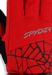 Rote Handschuhe mit einem schwarzen strukturierten Muster auf der Handfläche, ausgestattet mit einem silbernen Logo "SPYDER". Hergestellt aus einem Stoff mit glatter Oberfläche.