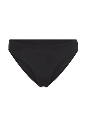 Svart bikinitrosa av slätt tyg, med en låg midja, vanlig täckning och utan synliga mönster eller detaljer.
