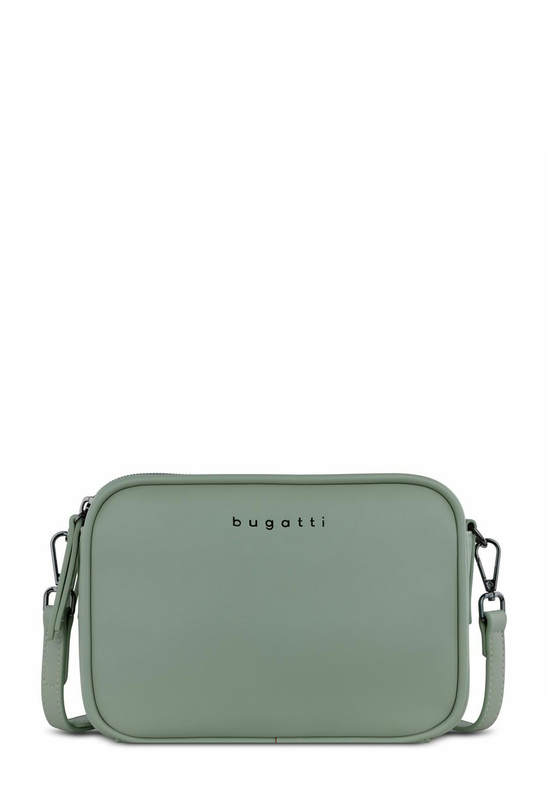 Borsa a tracolla in faux leather verde menta con chiusura a zip, logo impresso sul fronte e tracolla regolabile con dettagli in metallo argentato.