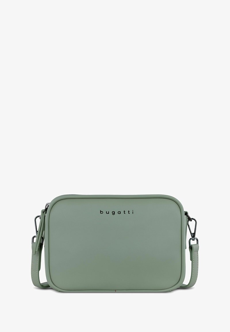 Vihreä mintunvärinen tekonahkainen olkalaukku, jossa on vetoketjusulku, logon kohokuviointi edessä ja säädettävä hihna, jossa on hopeiset yksityiskohdat.