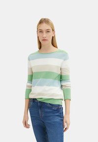 Gestreifter Pullover in den Farben Grün, Blau und Beige; Rundhalsausschnitt; lange Ärmel; strukturierter Stoff; getragen mit dunkelblauen Jeans.