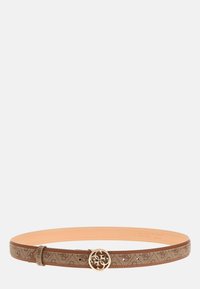 Cinturón marrón con un acabado de cuero suave y un diseño estampado. Presenta una hebilla circular en tono dorado y una correa ajustable con varios agujeros para el tamaño.