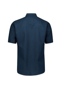 Korte mouwen overhemd in donkerblauwe stof met een button-down kraag, met een enkele knoop aan de achterkant en een gebogen zoom. Gladde textuur.