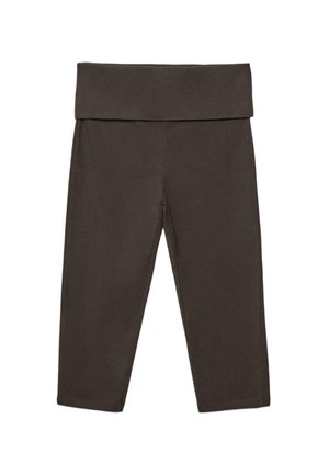 Rjave legice z visokim pasom in širokim preklopnim pasom, zasnovane za tesno prileganje in dolžino do gležnjev.