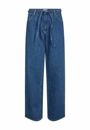 Wide-leg blue denim trousers with a high waist, front pockets, and a drawstring tie. Features a classic fit and raw hem detailing.