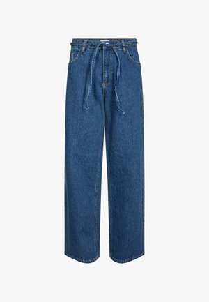 Laia siniste denimipüksid kõrge vöökoht, ees olevate taskutega ja kinnituspaelaga. Omab klassikalist lõiget ja toorkrae detaile.