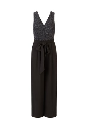 Zwarte jumpsuit met een V-hals en zonder mouwen. Textuur bovenkant met zilveren accenten, getailleerde taille en wijde broekspijpen.