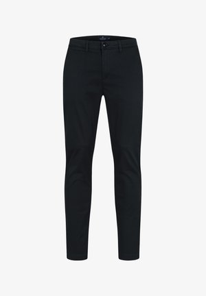Sorte bomuldsbukser med slim fit, der har knaplukning, bæltestropper og flade forlommer. Glat tekstur og minimalistisk design.