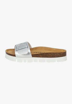 Silver metallic slide sandal with a wide strap and adjustable buckle, featuring a cork footbed and white rubber outsole with a textured surface.