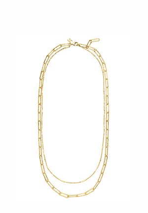 Gold-tone necklace featuring two strands: one with elongated links, the other with small round beads. Textured finish with a clasp closure.