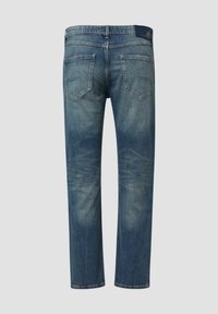 Niebieskie dżinsy typu straight leg, z dwiema tylnymi kieszeniami i lekko wyblakłą fakturą. Klasyczny pięciokieszeniowy fason.