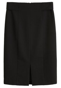 Jupe crayon noire longueur genou avec fente centrale à l'avant et taille structurée, adaptée pour un port formel ou au bureau.