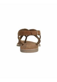 Bruine suede sandalen met kruislings gestikte banden, verstelbare gespsluiting, platte zool en eenvoudige stikdetails. Getexturiseerde voetbed voor extra comfort.