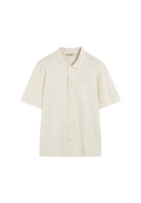 Kurzärmliges, kragenloses Hemd in hellem Creme mit strukturiertem Stoff, ausgestattet mit einer Fronttasche und einer Knopfverschluss.