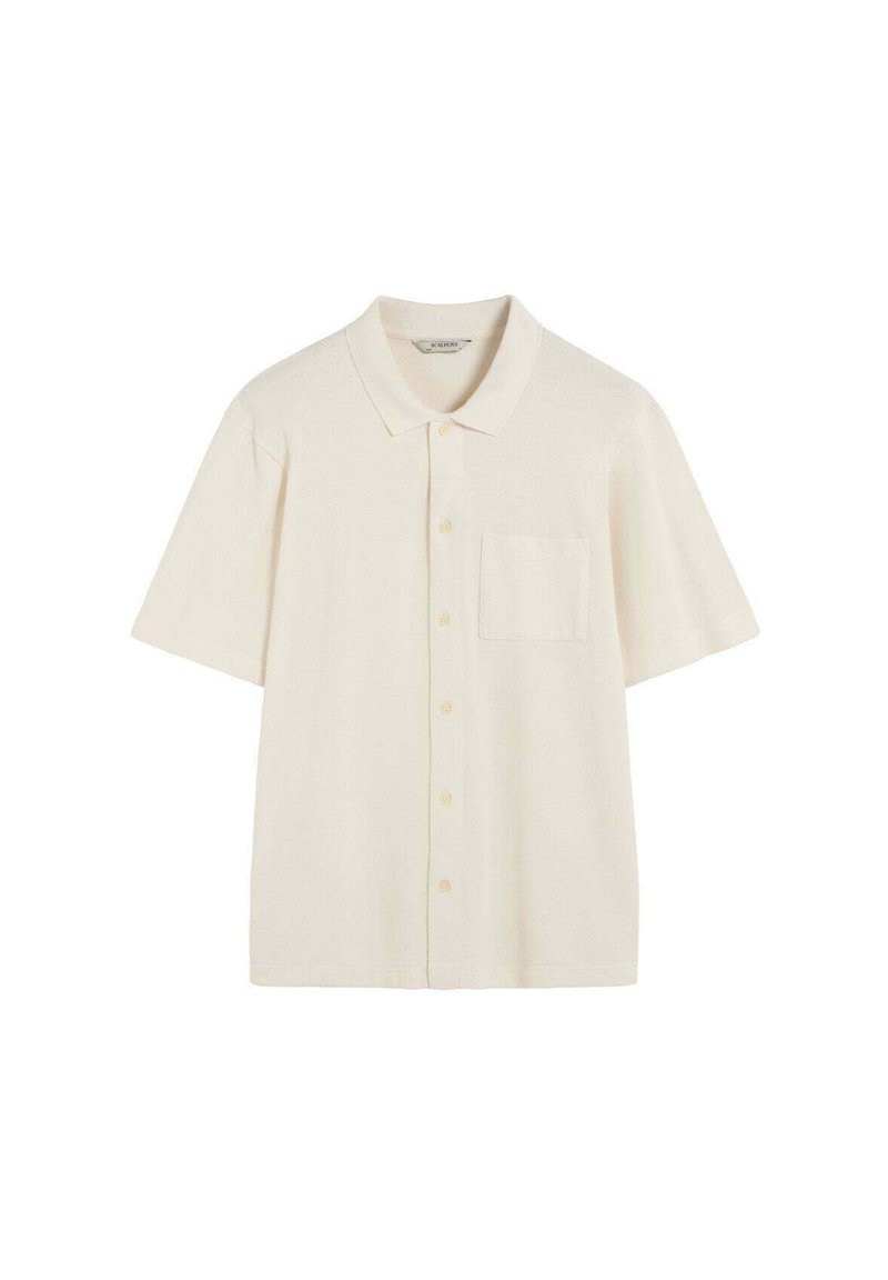 Kurzärmliges, kragenloses Hemd in hellem Creme mit strukturiertem Stoff, ausgestattet mit einer Fronttasche und einer Knopfverschluss.