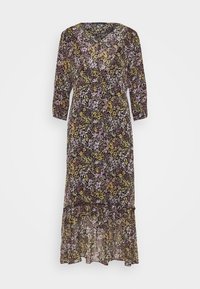 Robe longue fleurie avec un col en V, manches trois-quarts, présentant un fond sombre avec des fleurs violettes et jaunes et un ourlet volanté.