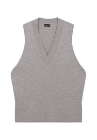 Maglione senza maniche grigio con design a V, tessuto testurizzato, ampie aperture per le braccia e una vestibilità rilassata. Etichetta visibile all'altezza del collo.
