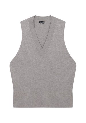 Maglione senza maniche grigio con design a V, tessuto testurizzato, ampie aperture per le braccia e una vestibilità rilassata. Etichetta visibile all'altezza del collo.