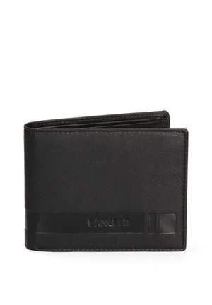 Schwarzes Lederportemonnaie mit strukturiertem Finish, Bifold-Design, geprägtem Markennamen und minimalistischen Akzenten. Verfügt über mehrere Kartenfächer.