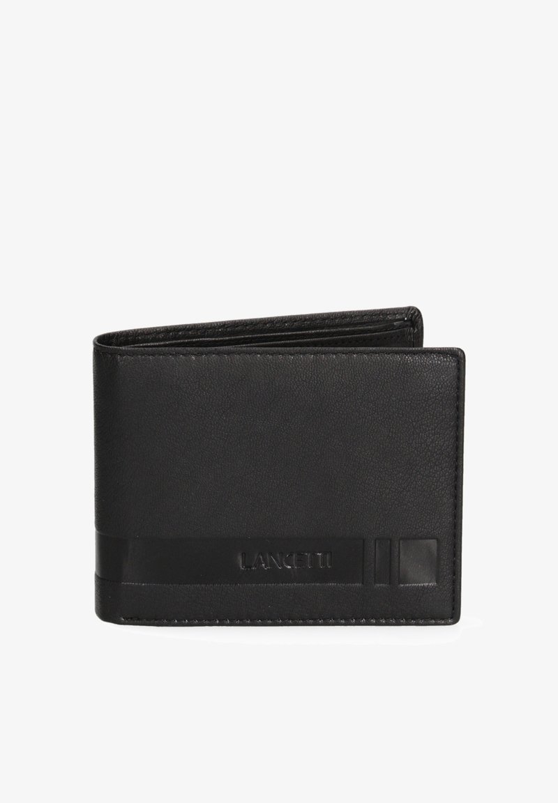 Portefeuille en cuir noir avec une finition texturée, design plié en deux, nom de marque en relief et accents minimalistes. Comprend plusieurs emplacements pour cartes.