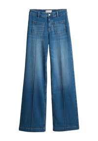 Weite Jeans in mittlerem blauen Denim, mit hoher Taille, zwei vorderen Taschen und kontrastierenden Nähten entlang der Nähte.