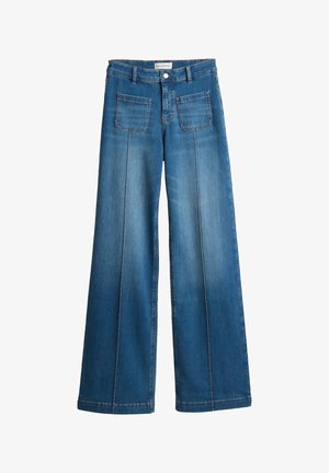 Weite Jeans in mittlerem blauen Denim, mit hoher Taille, zwei vorderen Taschen und kontrastierenden Nähten entlang der Nähte.