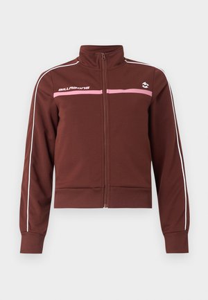 Καφέ μπουφάν με φερμουάρ, ροζ οριζόντια λωρίδα, λευκή επένδυση στα μανίκια, ριμπ μανσέτες και τελείωμα, καθώς και το λογότυπο "Billabong" στο στήθος.