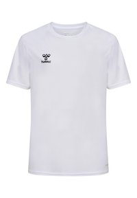 Witte t-shirt met korte mouwen, gemaakt van gladde, lichte stof. Bevat een zwart logo op de linkerkant van de borst. Eenvoudig ontwerp, zonder patronen.