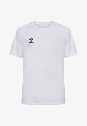 Weißes T-Shirt mit kurzen Ärmeln aus glattem, leichtem Stoff. Mit einem schwarzen Logo im linken Brustbereich. Schlichtes Design, keine Muster.