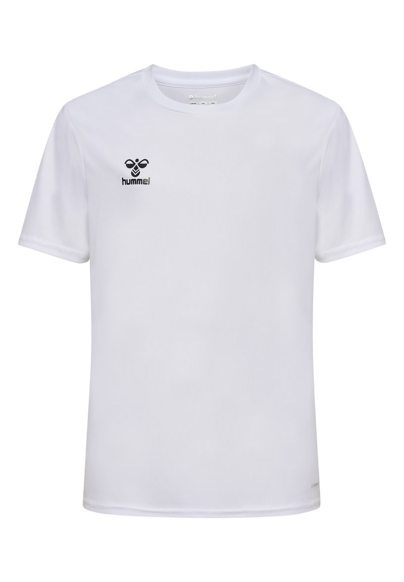 Witte t-shirt met korte mouwen, gemaakt van gladde, lichte stof. Bevat een zwart logo op de linkerkant van de borst. Eenvoudig ontwerp, zonder patronen.