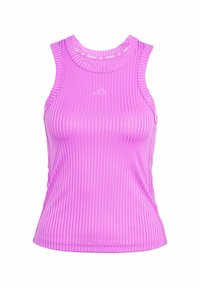 Paars geribbelde aansluitende tanktop met een ronde halslijn en zonder mouwen. Heeft subtiele branding op de kraag en een gladde textuur.