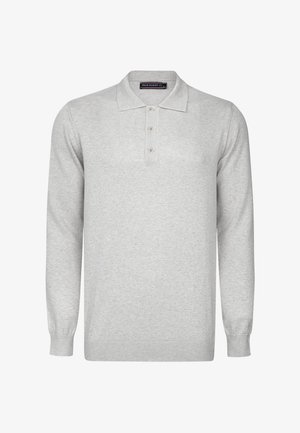 Polo gris clair à manches longues avec trois boutons, poignets, col et ourlet côtelés, étiqueté Felix Hardy à l'intérieur du col.