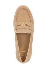 Beige suede loafers with a gold chain accent on the vamp, rounded toe shape, and smooth interior lining.