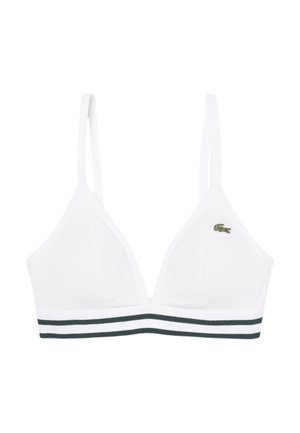 Bralette triangle blanc avec fines bretelles réglables, bande élastique rayée verte et blanche, et petit logo crocodile vert sur le bonnet gauche.
