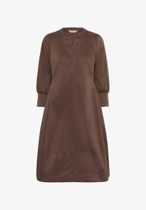 Abito marrone fino al ginocchio con scollo a V e dettaglio di bottoni, caratterizzato da maniche a sbuffo e un tessuto liscio. Taglio semplice e dritto con un dettaglio all'orlo.