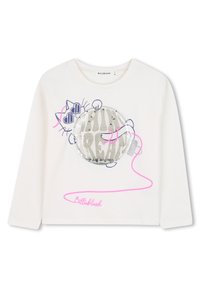 Biała koszulka z długim rękawem z grafiką srebrnej, b�łyszczącej kuli dyskotekowej oraz ilustracją kota z różowymi konturami i akcentami.