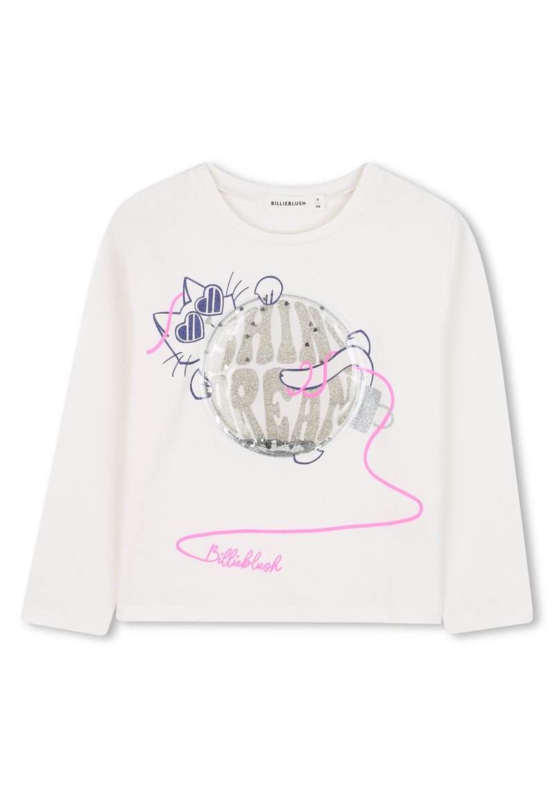 Biała koszulka z długim rękawem z grafiką srebrnej, błyszczącej kuli dyskotekowej oraz ilustracją kota z różowymi konturami i akcentami.