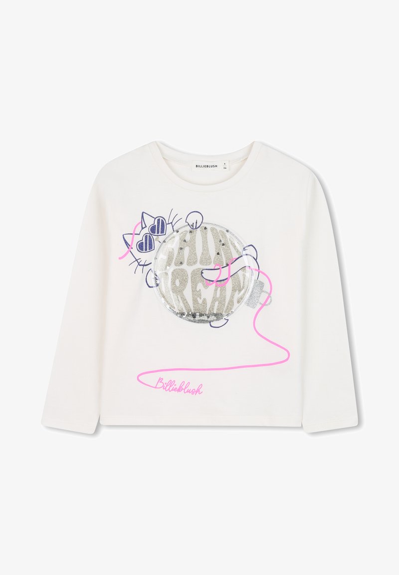 Witte langmouwen t-shirt met een zilveren glinsterende discobal graphic en een kattenillustratie met roze contouren en accenten.
