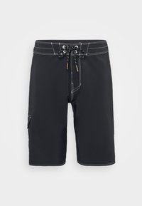 Shorts de bain noirs avec des coutures blanches, une taille à cordon et une poche latérale. Fabriqués en matériau lisse et léger.