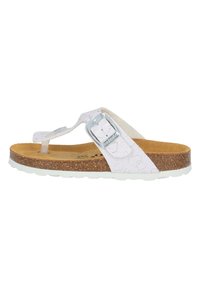 White flip-flop sandal with a textured pattern, cork footbed, and adjustable silver buckle. Thick white rubber sole with grip.