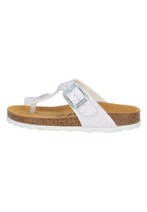 White flip-flop sandal with a textured pattern, cork footbed, and adjustable silver buckle. Thick white rubber sole with grip.