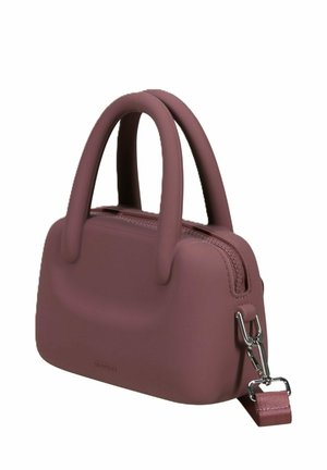 Piccola borsa lilla con due manici arrotondati, cerniera superiore e tracolla staccabile con fibbia argento.