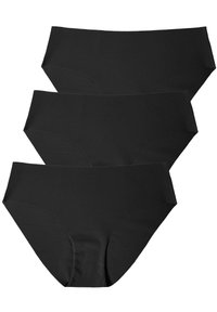 Schwarzes Unterwäsche-Set bestehend aus drei Teilen. Glattes Material mit einem klassischen, nahtlosen Design und moderater Bedeckung.