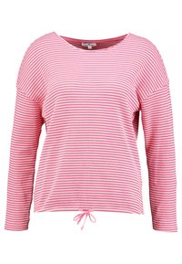 Langærmet top i pink og hvide vandrette striber, med en scoop-neck og justerbar snøre i kanten. Blødt stof.