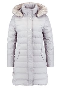 Vaaleanharmaa puffatakki, jossa on nepparikiinnitys, huppu, jossa on tekoturkisreunus, kaksi sivupocketia ja kauttaaltaan tikattu pinta.