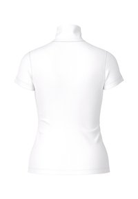 White short-sleeve turtleneck top with a smooth texture. Features a fitted design and subtle stitching details at the collar and sleeves.