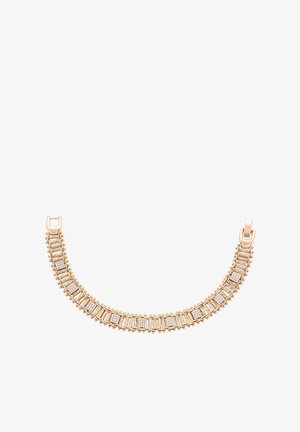 Guldarmbånd med vekslende rektangulære og firkantede links prydet med diamanter, der har en dekorativ perlekant og en lås.