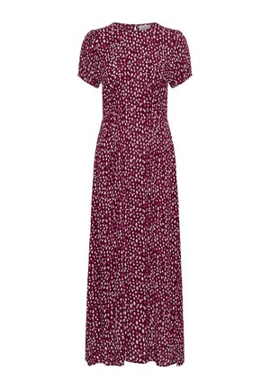 Burgundy maxi dress with short sleeves and white irregular dot pattern, fitted waist, and round neckline with back button closure.